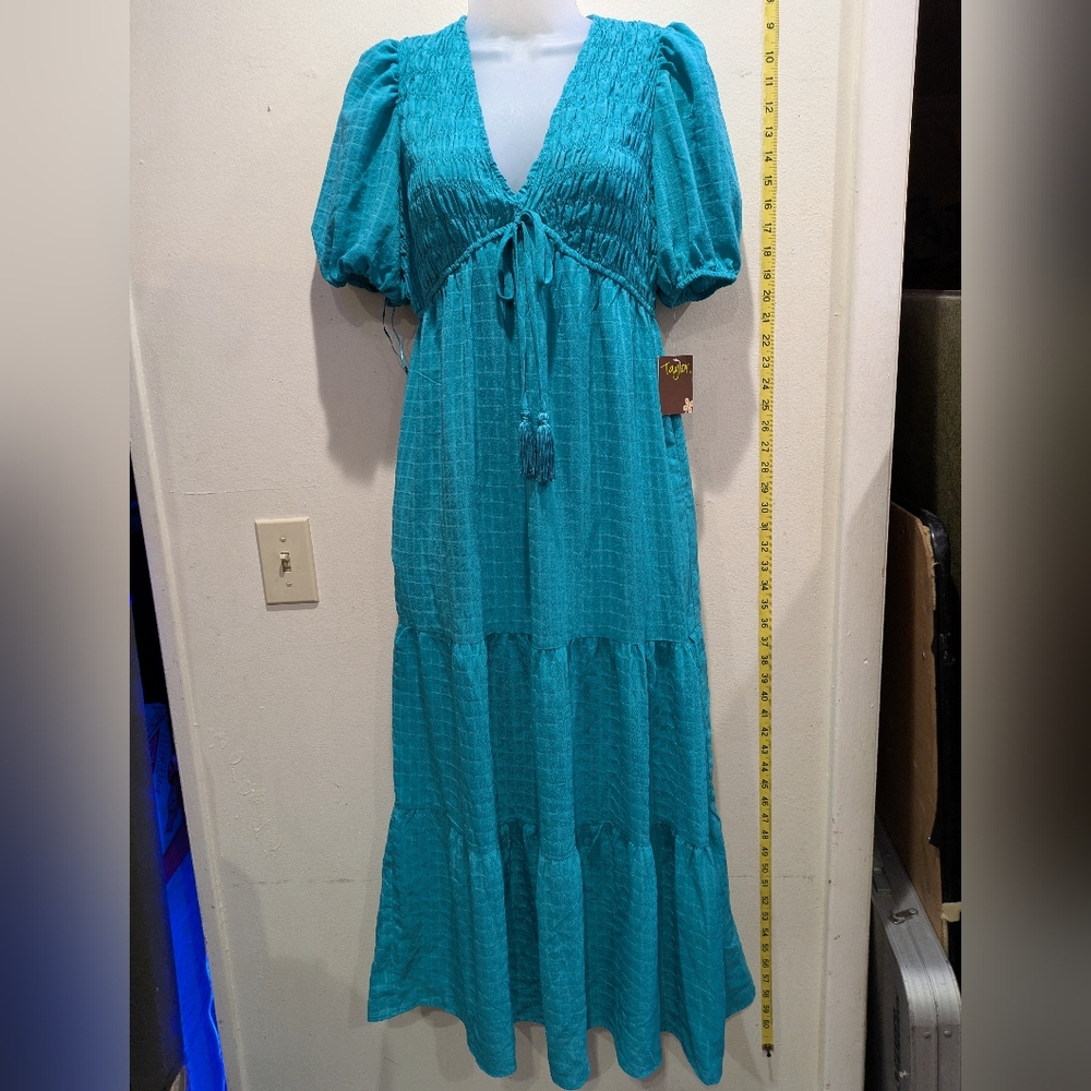 Taylor Dresses Teal Maxi with Puff Sleeves Size Xs